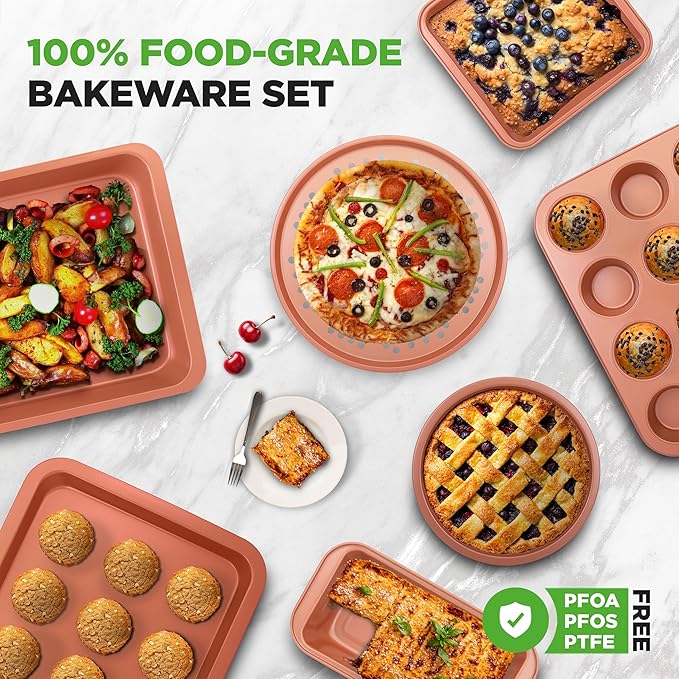 NutriChef 10-Piece Oven Baking Pans Set - Deluxe Carbon Steel Bakeware Set with Non-stick Gray Coating Inside and Out, Dishwasher Safe & PFOA, PFOS, PTFE Free