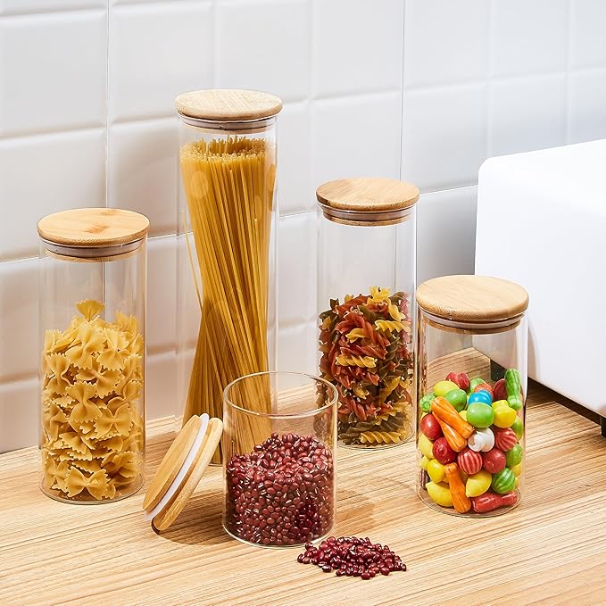 SHOWIN 34oz Glass Food Storage Jars, Glass Jars with Bamboo Lids, Kitchen Storage Jars, Set of 8, Canisters with Airtight Lids for Spice, Coffee, Cookie, Pantry Organizers