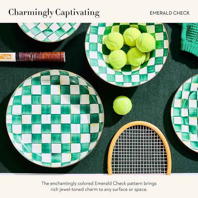 MACKENZIE-CHILDS Enamel Abundant Bowl, Serving Bowl or Fruit Bowl for Display, 13-Cup Capacity, Green-and-White Emerald Check