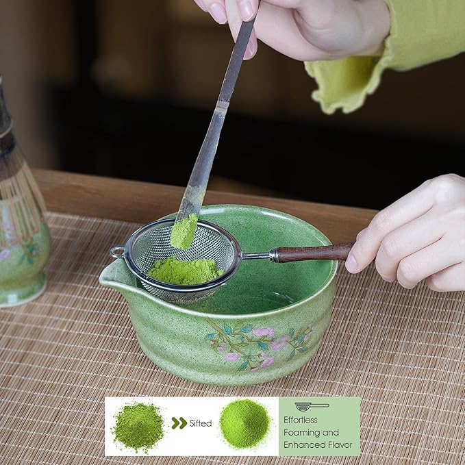 Matcha Whisk Set, 7-Piece Japanese Matcha Kit with Floral Ceramic Bowl & Holder, Natural Bamboo Matcha Whisk, Scoop, Large Bamboo Mat, Wooden Handle Sifter –Elegant Tea Ceremony Gift for Matcha Lovers