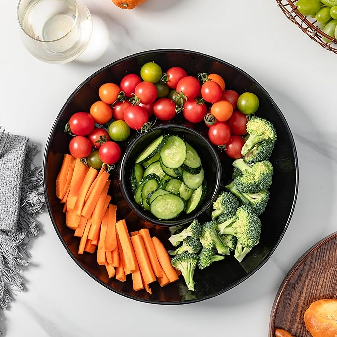LEHAHA Ceramic Chip and Dip Serving Set, 12 Inch Large Divided Bowls Set for Salsa, Veggies, Dip, Appetizers, Snacks, Candy, Fruits-Relish Trays for Parties and Entertaining, Black