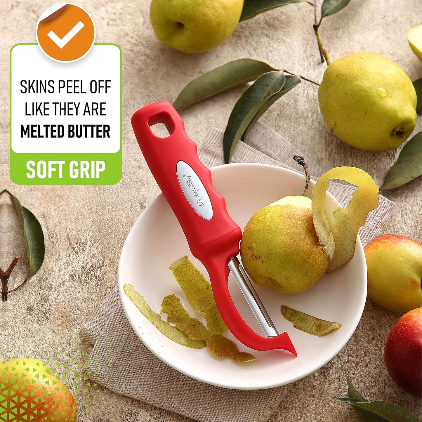 Spring Chef Premium Swivel Vegetable Peeler, Soft Grip Handle and Ultra Sharp Stainless Steel Blades - Perfect Kitchen Peeler For Veggie, Fruit, Potato, Carrot, Apple - Red