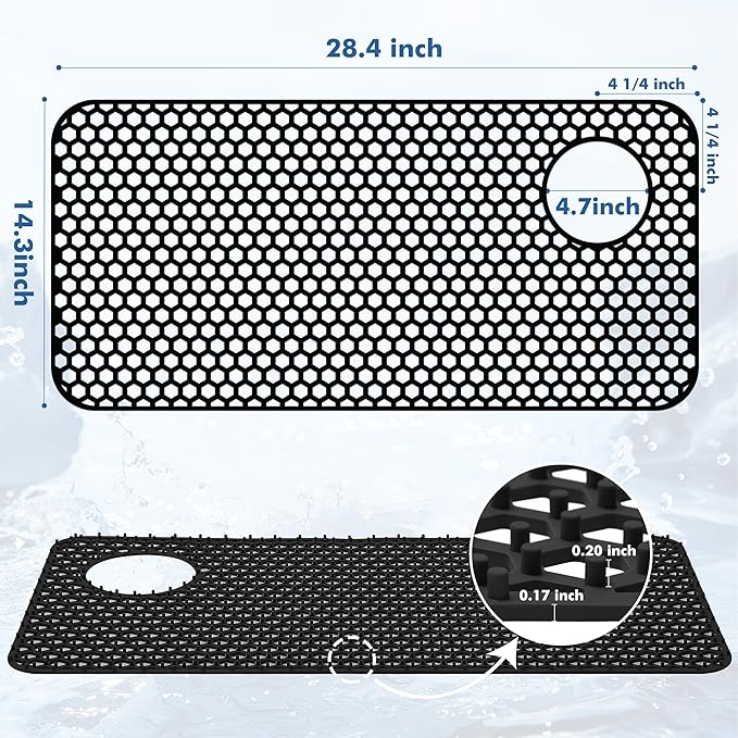 Bestjing Silicone Sink Protectors for Kitchen Sink - 28.4"x 14.3" Kitchen Protector Accessory, Non-Slip Heat Resistant Mat for Bottom of Farmhouse Porcelain Stainless Steel(Top Right Drain Hole,Black)