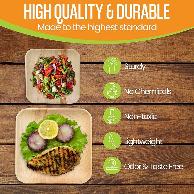 Raj Palm Leaf Plates Bulk [50-Pack] 10" & 7" Square Plates (3 CASES - 150 PACK) like Bamboo plates Disposable, Strong, Decorative Compostable Tableware for weddings, Lunch, Dinners etc
