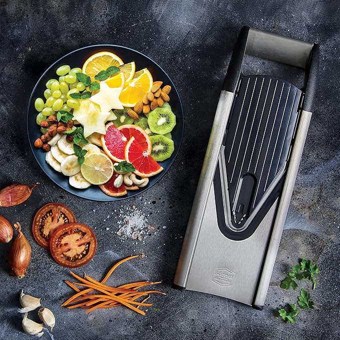 Borner V6 Exclusive Line V-Mandoline Slicer 8-in-1 Pro-Set, Stainless Steel Vegetable Cutter with Safety Insert, Slice Insert, 2 Blade Inserts