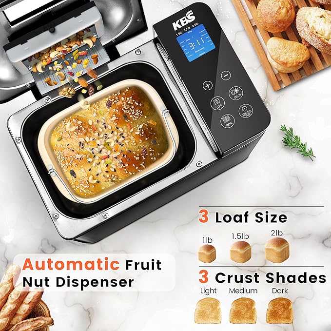KBS 710W 2LB Bread Maker Dual Heaters, 17-in-1 Stainless Steel Bread Machine with Healthy Ceramic Pan, Automatic Nut Dispenser, Tempered Glass Touch Panel, 3 Crust Colors, 15H Timer& Keep-Warm,Recipes