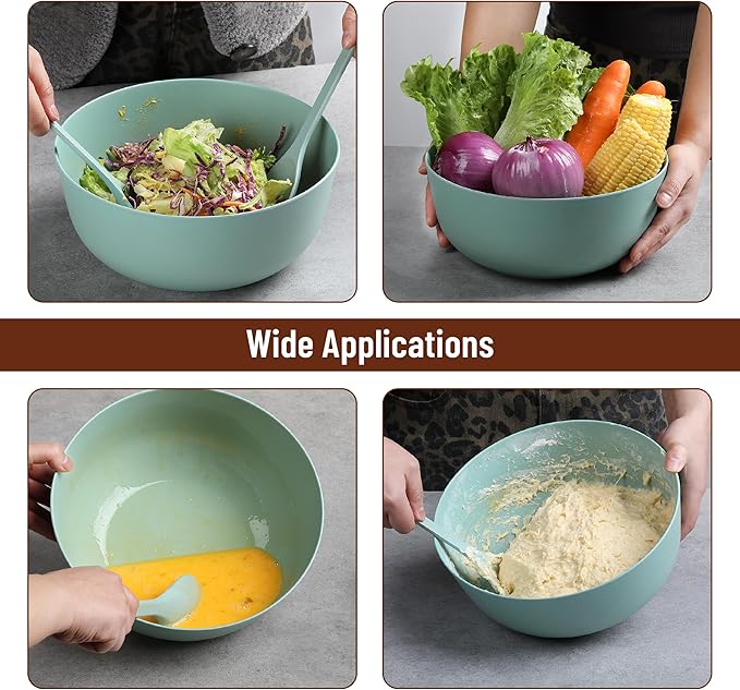 BAMBOO LAND- Large Salad Bowl with Wooden Lid, 10 Inch/108 Oz, Mint Green, Bamboo Fiber Salad Bowl with Serving Utensils, Wide Applications