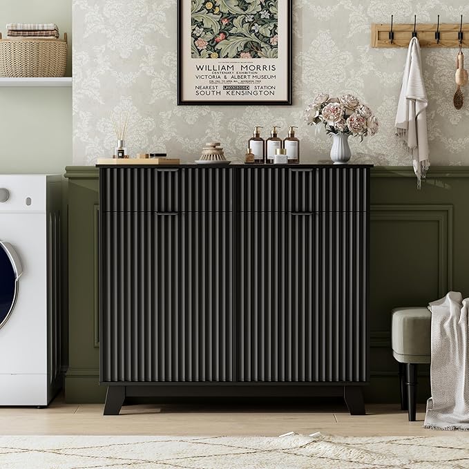 Double Tilt Out Laundry Hamper Cabinet, 20 Gallon Wooden Trash Can Cabinet with Drawers, Hidden Fluted Bathroom Storage Cabinet for Kitchen, Living Room (Black, 39.34" W x 35.83" H x 13" D)