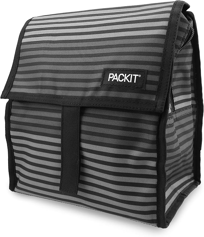 PackIt Freezable Lunch Bag with Zip Closure, Gray Stripe
