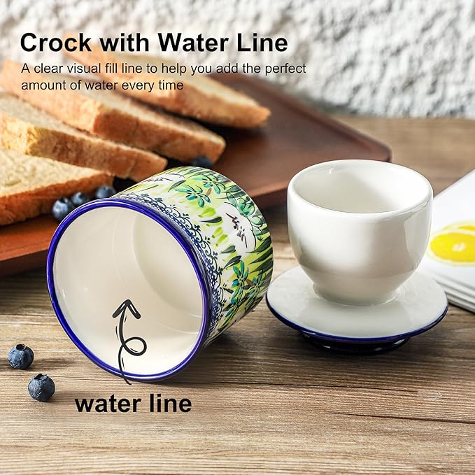 French Butter Crock with Lid for Countertop,Handpainted Floral Butter Keeper with Water Seal Line, Farmhouse Ceramic Butter Container Airtight for Soft Spreadable Butter,Housewarming Gifts