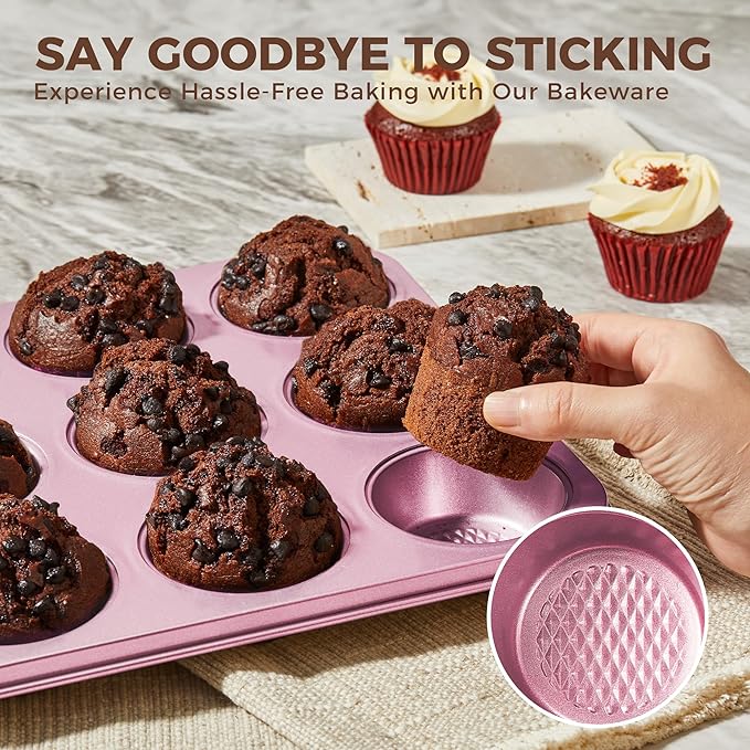 HONGBAKE 9-Piece Baking Pans Set Nonstick, Stackable Non Toxic Bakeware Sets with Diamond Texture, Oven Pan Set for Cooking, Includes Cookie Sheet with Rack, Cake Pan, Roasting Pan, Muffin Tin, Pink