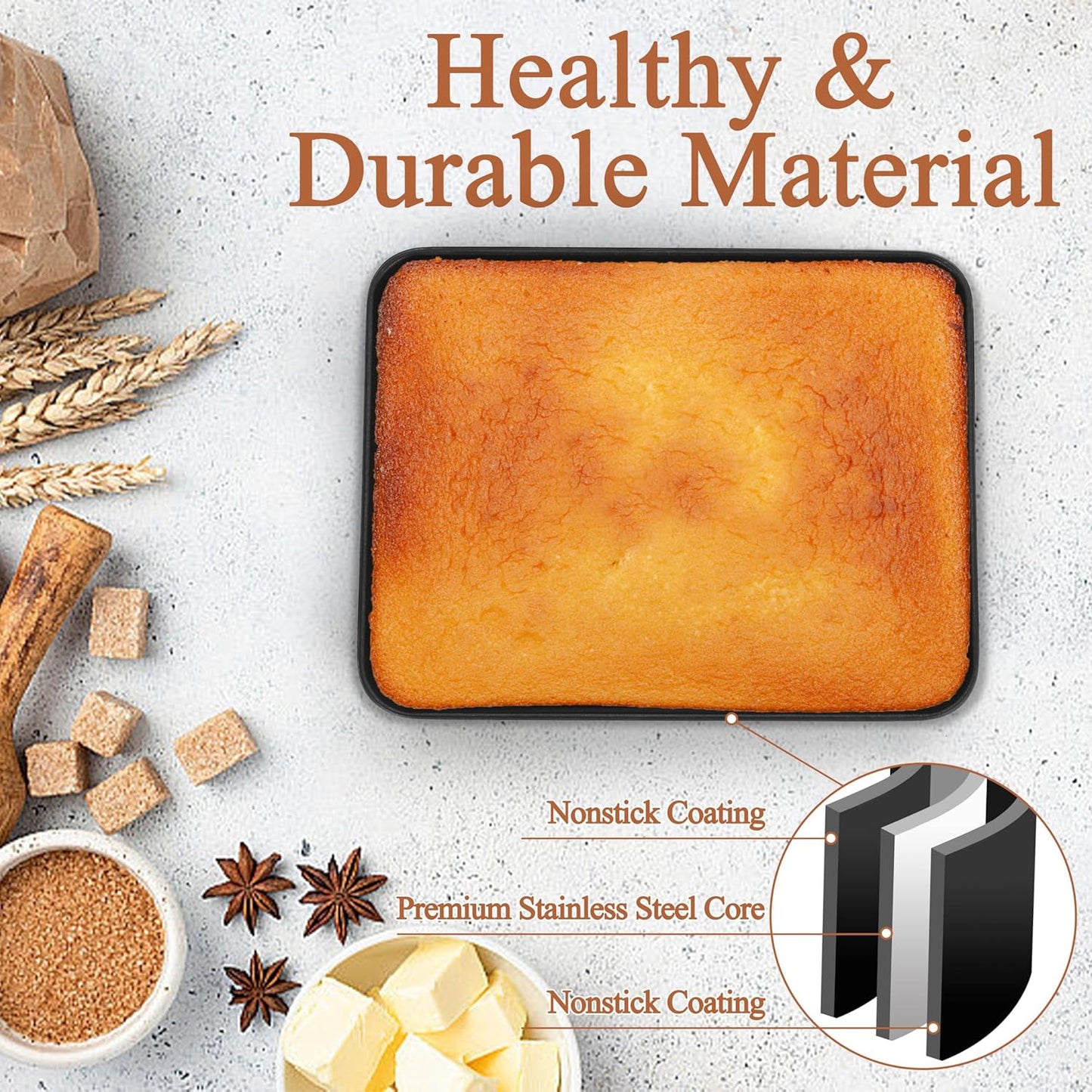 LIANYU Non-stick Baking Cake Pan, 12⅓ x 9¾ x 2 Inch Lasagna Brownies Bread Casseroles Pan, Stainless Steel Rectangle Bakeware for Toaster Oven, Non-Toxic & Healthy Coating, Easy Release