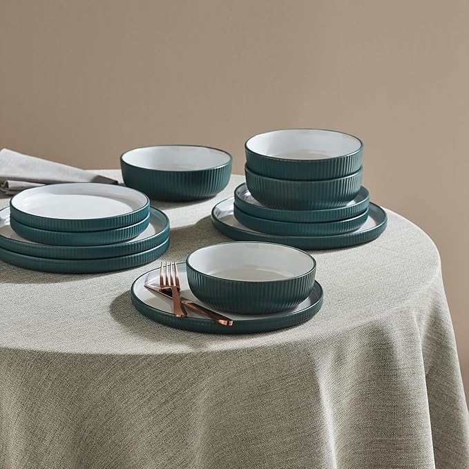 Christian Siriano Laro 24-Piece Stoneware Dinnerware Set, Plates and Bowls Set, Microwave and Dishwasher Safe, Dish Set for 8, Green