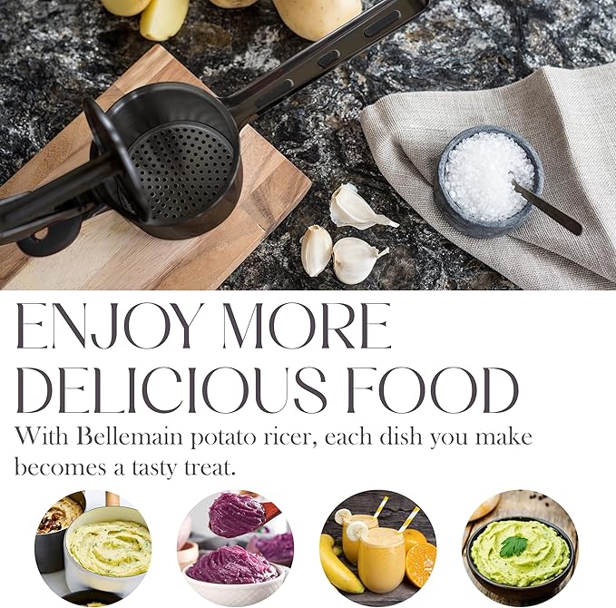 Bellemain 15 oz Large Potato Ricer | Heavy-Duty Stainless Steel Potato Ricer & Masher | Perfect for Mashed Potatoes | Ricer Kitchen Tool with 3 Interchangeable Discs (Metallic Black)