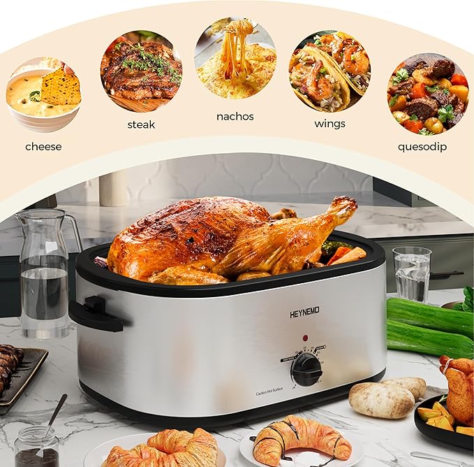 24 Quart Electric Roaster Oven with Visible & Self-Basting Lid, Large Turkey Roaster with Defrost Warm Function, Adjustable Temperature, Removable Pan Rack, Stainless Steel