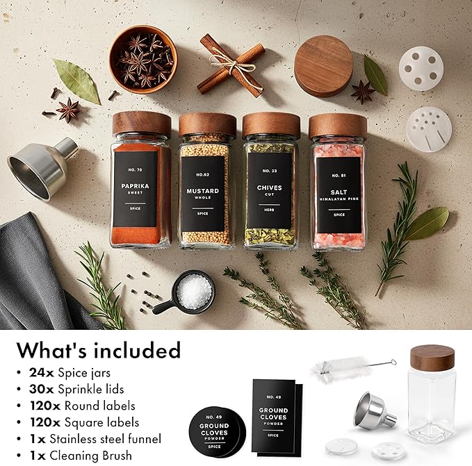 EDELHAUS® Square Spice Jars with Acacia Wooden Lid (Pack of 24) Spice Jars with Shaker Insert and 240 Labels - Acacia Lids Glass Container for Spice Organisation [4.3 in × 1.8 in]