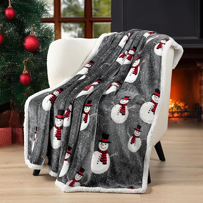 PAVILIA Premium Christmas Sherpa Throw Blanket | Snowman Decoration, Fleece, Plush, Warm, Cozy Reversible Microfiber Holiday Blanket 60x80