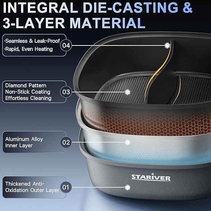 Stariver Hot Pot Electric with Divider, Large 6L Nonstick Double-Flavor Electric Shabu Shabu Pot, 1500W Hotpot with 3 Power Settings, Perfect for Family Dinners & Parties