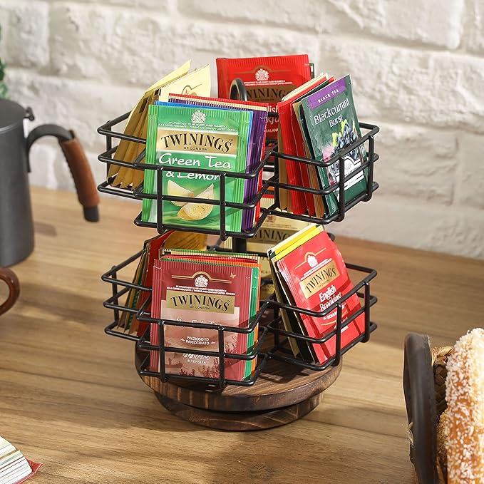 MyGift 8 Compartment Tea Bag Organizer Carousel, Black Metal Wire Packet Holder and 360 Degree Spinning Burnt Solid Wood Base, Coffee Station Storage Caddy