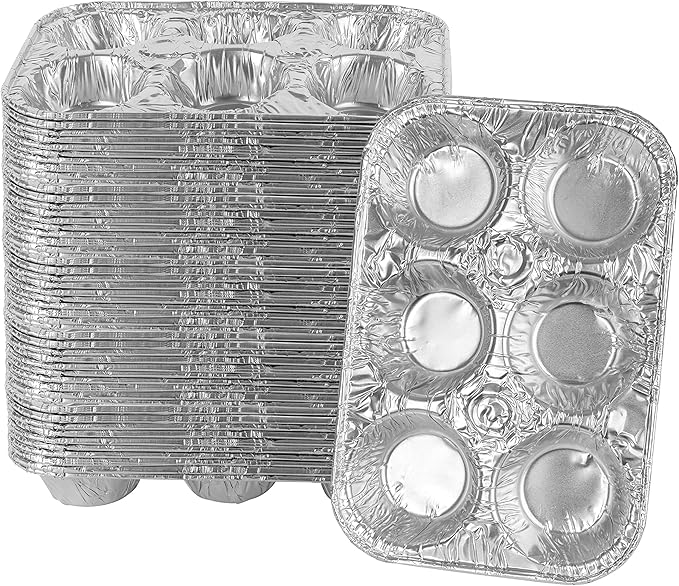 PLASTICPRO Aluminum Foil Muffin Pans Reusable and Disposable, Holds 6 Cupcakes/Muffin & Pie foil Pan Pack of 50