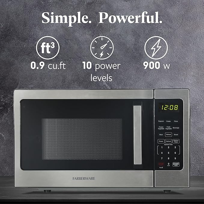Farberware 0.9 Cu. Ft. Countertop Microwave Oven – 900 Watts Power, Auto Cook Settings, Defrost, Easy Clean and Child Safety Lock - Stainless Steel