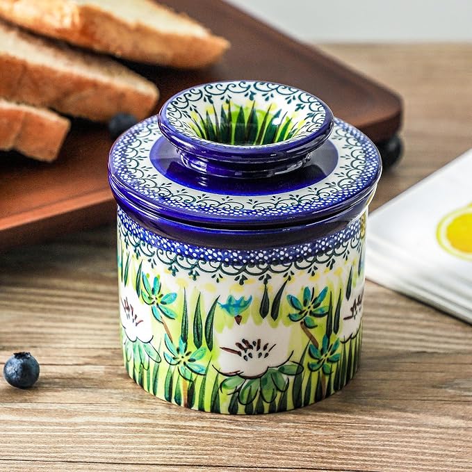 French Butter Crock with Lid for Countertop,Handpainted Floral Butter Keeper with Water Seal Line, Farmhouse Ceramic Butter Container Airtight for Soft Spreadable Butter,Housewarming Gifts