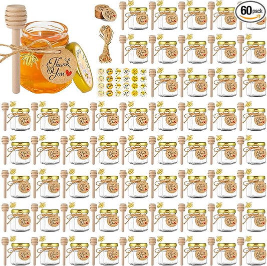 GIVAMEIHF Mini Glass Honey jars-1.5 oz,60pcs Hexagon Honey Jars with Wood Dipper,Stickers,Bee Pendants,Tags,Rope,Small Honey Jars with Lids,Perfect for Wedding Favors,Jams,Baby Shower,Party Favors