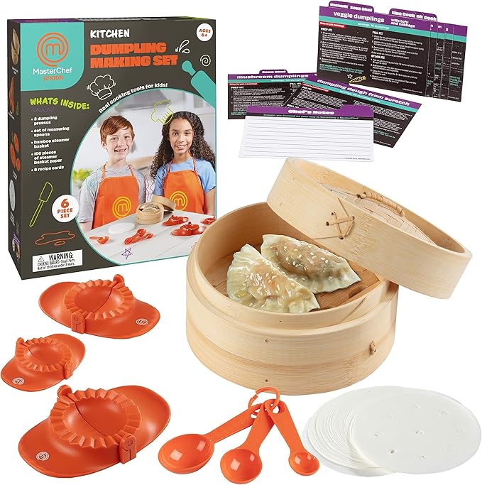 MasterChef Junior Kids Dumpling Making Set- 5 Pc Kit- Real Cookware Includes Recipes, Steamer Basket, Mold, Press Measuring Spoons Steamer Paper, Homemade Cooking Party for Dim Sum Soups Chinese Food