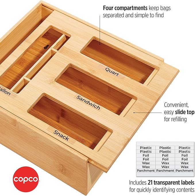 Copco 4 Compartment Storage Organizer for Gallon, Quart, Sandwich, and Snack Bags with Clear Labels, With In Drawer or Wall Mounting Feature For Space Saving