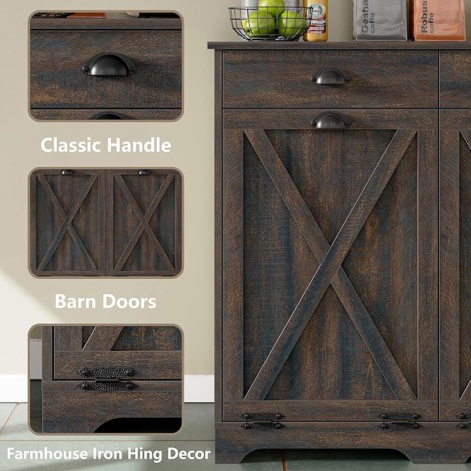 Furniouse Farmhouse Trash Can Cabinet, Double Tilt Out Trash Bin Cabinet with Barn Doors & Hideaway Drawers for Kitchen, Dark Brown