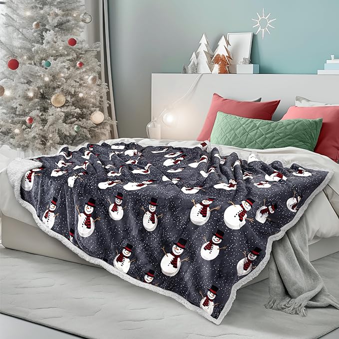 PAVILIA Premium Christmas Sherpa Throw Blanket | Snowman Decoration, Fleece, Plush, Warm, Cozy Reversible Microfiber Holiday Blanket 50 x 60