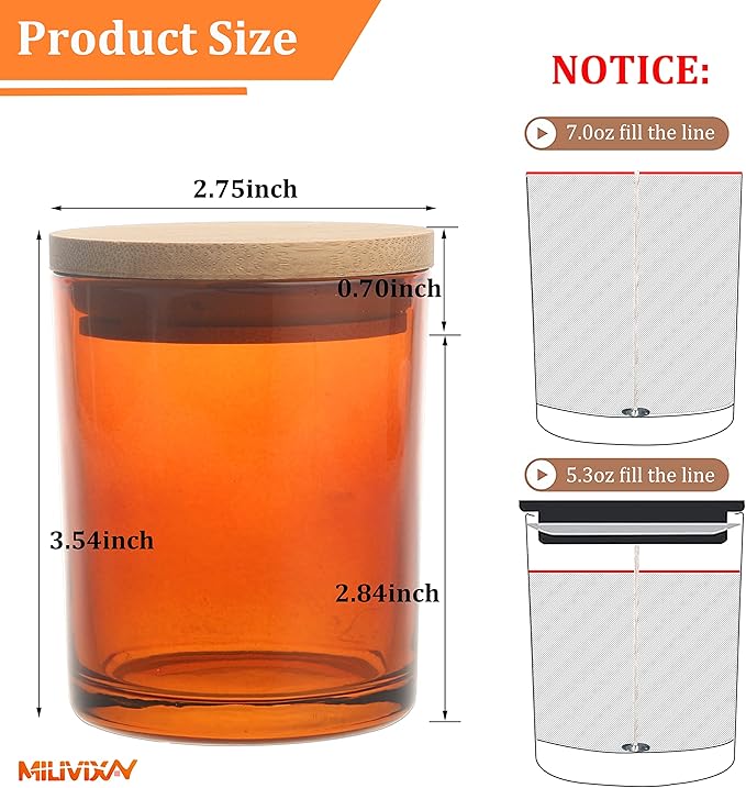 MILIVIXAY 12 Pack 7 OZ Amber Glass Candle Jars with Lids and Candle Making Kits - Bulk Empty Candle Jars for Making Candles - Spice, Powder Containers.
