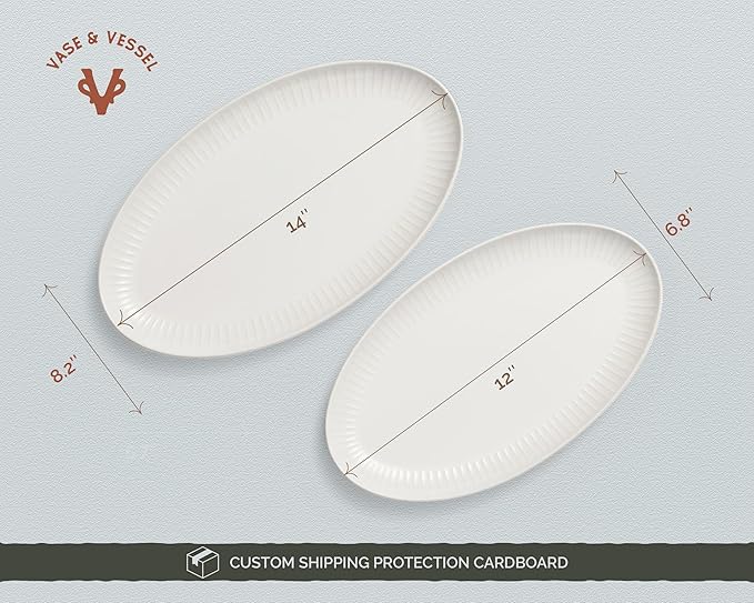 Serving Dishes, 12/14", Durable Ceramic Platters, Ribbed Rim, Oval, Microwave and Dishwasher Safe, Medium/Small, Set of 2, Powder White, Tidal Collection