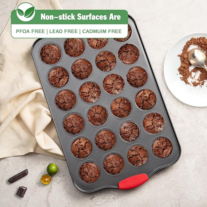 Tiawudi Mini Muffin Pan, 24 Cavity Cupcake Pan, Nonstick Baking Pan, Heavy Duty Small Muffin Tin with Silicone Grip Handles, Set of 2