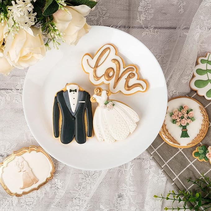 Flycalf Wedding Cookie Cutters Dress Shapes with 3D Stamper Eco-Friendly PLA Kitchen Cake Decorating Bridal Shower Gifts for Kids 4" Baking Embossing Stamps Mold Supplies Biscuit Fondant Tools