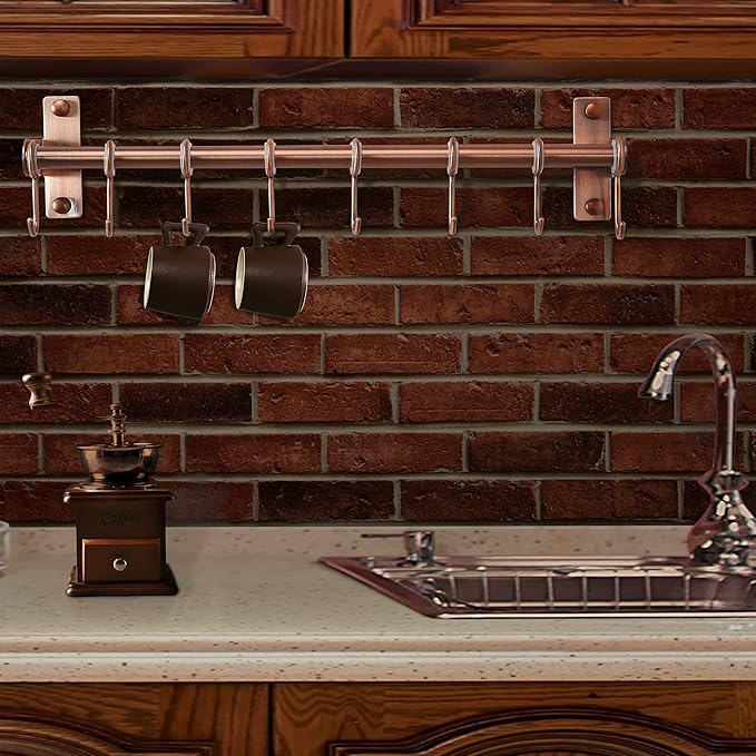 Dseap Pot Rack - Pots and Pans Hanging Rack Rail with 8 Hooks, Double Bars, Pot Hangers for Kitchen, Wall Mounted, Antique Copper