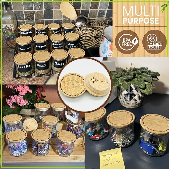 Oui Yogurt Jar Lids – Choose a Design, 4-24 pieces, Bamboo, Silicone, or Stainless Steel | Airtight Tops That Fit Yoplait Glass Jars | Oui Jar Covers |Lids for Yogurt Jars | Leaves Ring – 4 Pack
