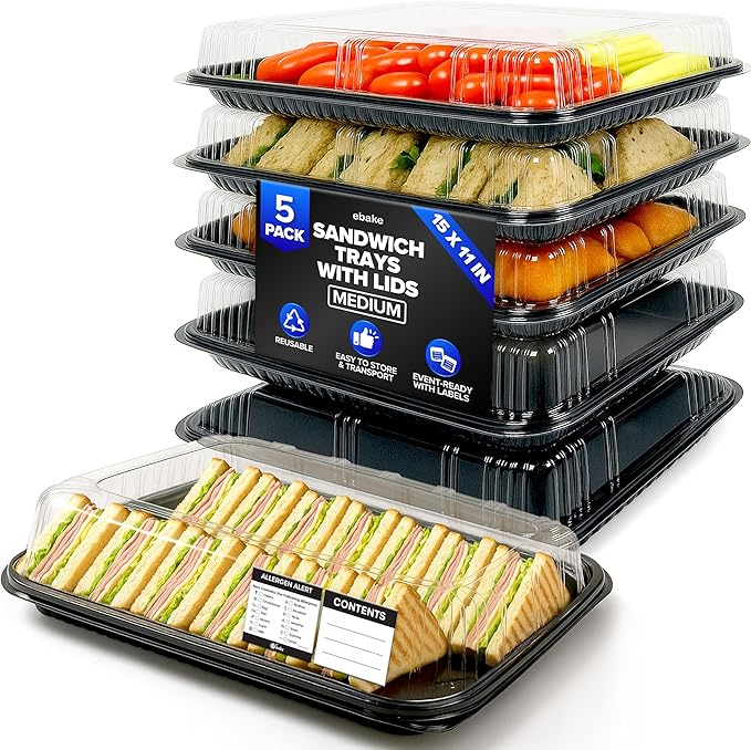 5 Pack Catering Trays with Lids – 15" Serving Tray with Lid, Heavy Duty Recyclable Plastic Party Platters for Catering, Buffet, Picnics & Events – Food Trays with Clear Lid (15.35 × 11.42 × 2.95 inch)