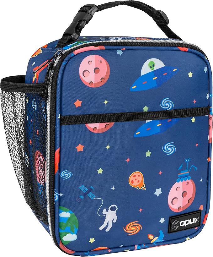 opux Premium Insulated Lunch Box, Soft School Lunch Bag for Kids Boys Girls, Leakproof Small Lunch Pail Men Women Work, Reusable Compact Cooler Tote Lunchbox for Office, Space Astronaut