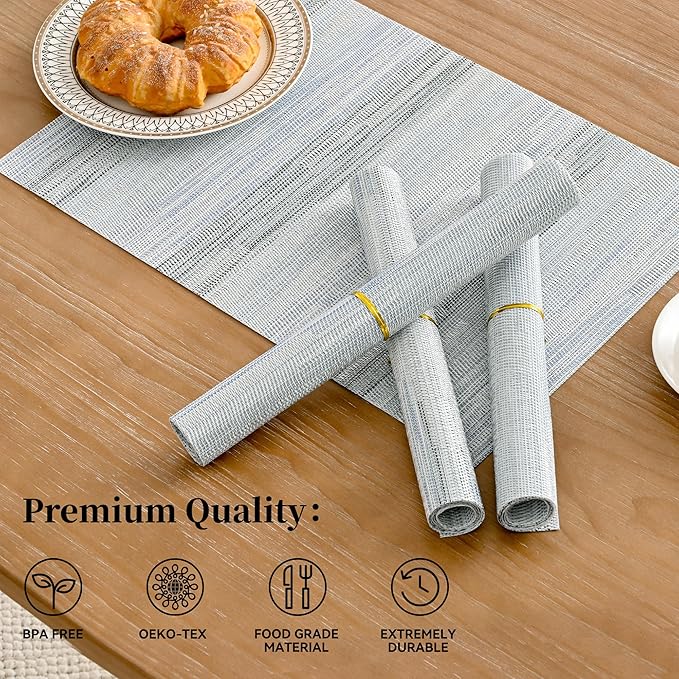 Leetaltree LightSteel Blue Placemats Set of 6 - Heat Resistant Non-Slip Place mats for Dining Table, Washable Durable PVC Vinyl Woven Table Mats（LightSteel Blue, 6）
