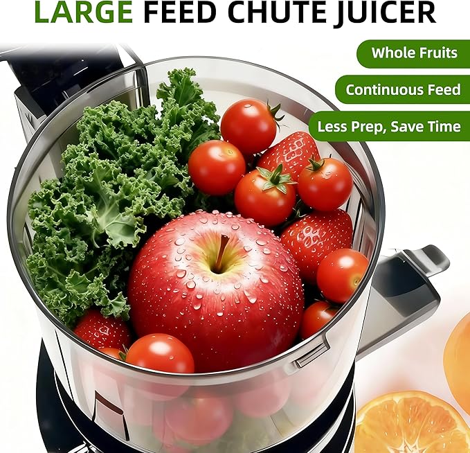Cold Press Juicer Machines, Slow Masticating Juicer with Large Chute, Self-Feeding Juice Extractor for Whole Fruits & Vegetables, 98% Juice Yield, Quiet & Easy to Clean, Black