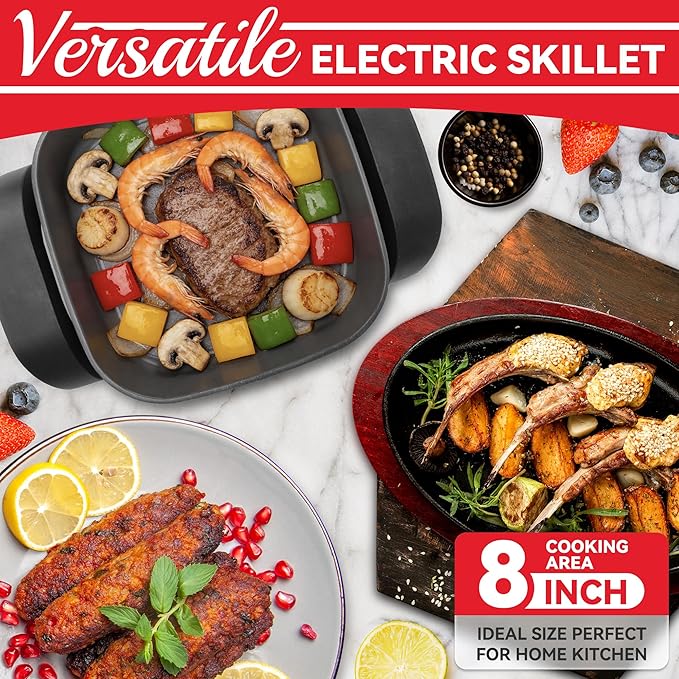 SugarWhisk 8-inch Ceramic Coated Electric Skillet with Lid, Non Stick Skillet Griddle Pan Electric, Rapid Heat Up, 650W, Breakfast Skillet, Kitchen Appliances for Cooking, Graphite