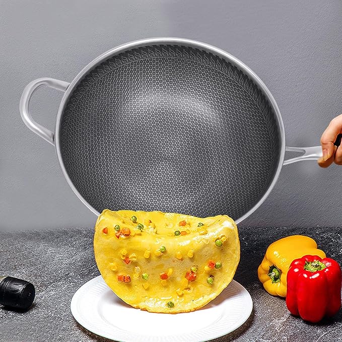 Wok Pan with Lid - 12 Nonstick Wok, Flat Bottom Chinese wok for Electric, Induction and Gas Stoves