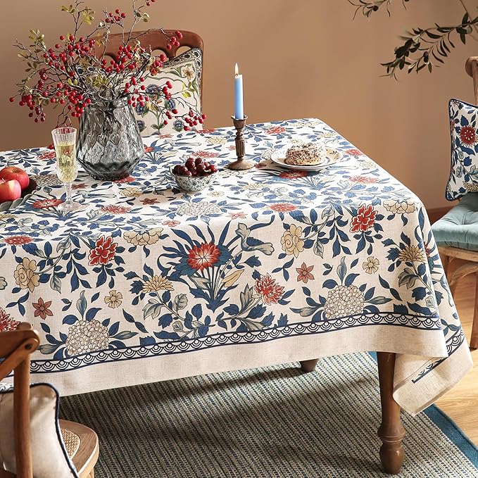 patdrea Designer Blue Tablecloth for Rectangle Table,Vintage Linen Leaves and Floral Pattern Extra Long Tablecloths,Farmhouse Decor Cover for Kitchen Dining Christmas,Thanksgiving,63"x110"-Ivar a