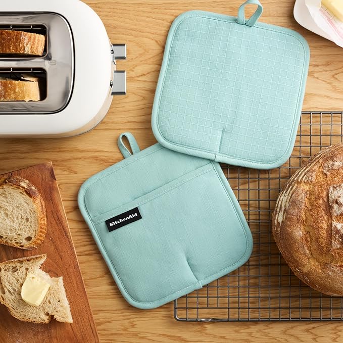 KITCHENAID Gourmet Series Gridlines Pot Holders 2-Pack Set, Heat Resistant up to 600°F, Soft Silicone Grip, Magnetic Cuff, Mineral Water Aqua, 8"x8"