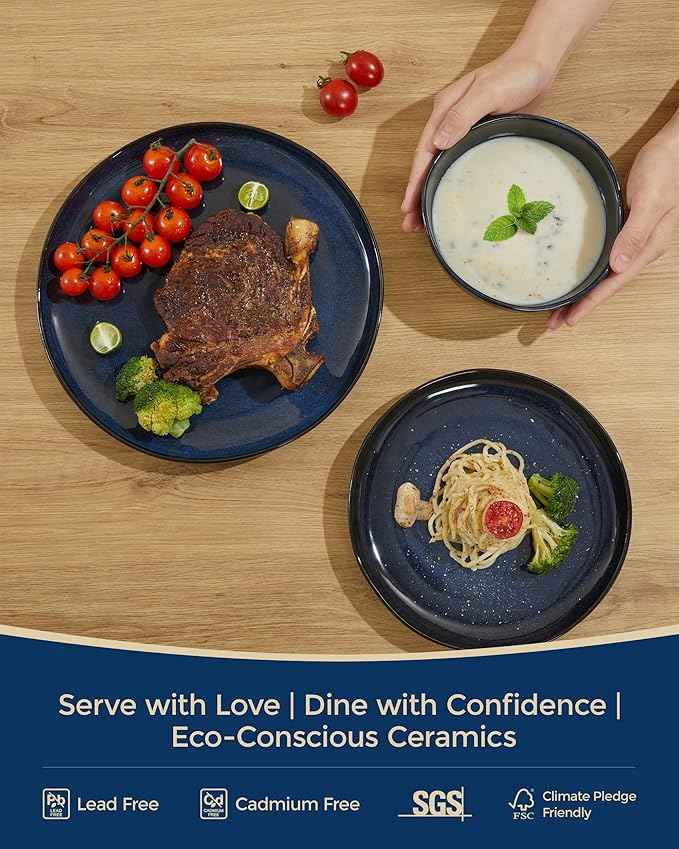 24 Piece Ceramic Dinnerware Sets for 8, Starry Blue Reactive Glaze | Unique Coastal Edge for Holiday Gatherings, Thanksgiving, Dinner Parties | Microwave & Dishwasher Safe Stoneware Dish Set