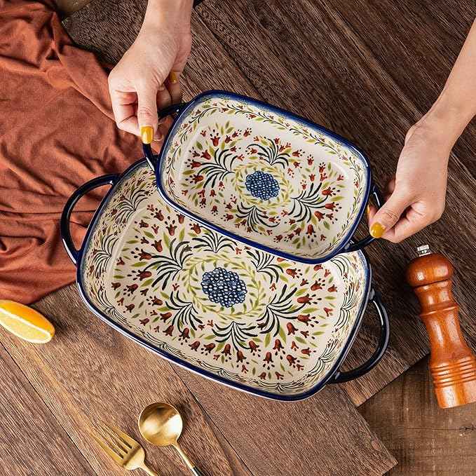 Baking Dish Ceramic Baking Pan Blue Casserole Dish Rectangular Baking Set 2pcs Bakeware Sets Single Serving Size Lasagna Pan Baking Dishes for oven (The tulip)