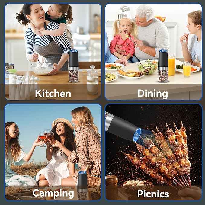 Gravity Electric Salt and Pepper Grinder, Automatic Salt And Pepper Grinder, Adjustable Roughness, Battery Powered, LED Light, 1 Pack, (Black)