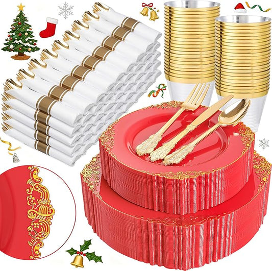 Nervure 350PCS Red Plastic Plates - Red Gold Plastic Dinnerware Sets for 50 Guests - 100 Gold Disposable Plates, 50 Pre Rolled Silverware Sets, 50 Cups Perfect for Wedding & Party & Christmas