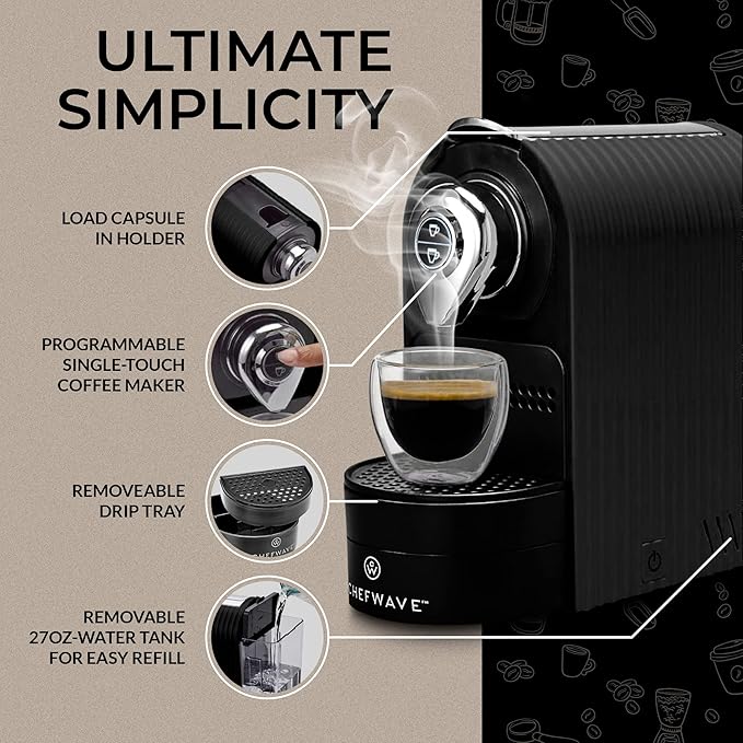 ChefWave Káva Espresso Machine - Nespresso-Compatible, 20 Bar Pressure, Fast Heat-Up, Compact Design, Auto Off, Dishwasher-Safe Water Tank